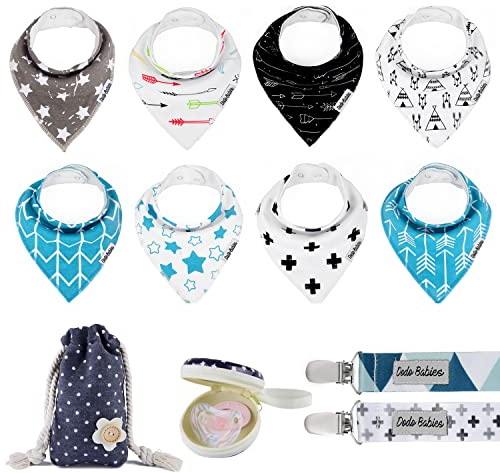 Dodo Babies Baby Dreieckstuch Lätzchen Set - 8 Lätzchen mit 2 Schnullerclips, Schnullertasche, Geschenktasche - Weiche, saugfähige Baumwolle mit Polyester-Rücken - Verstellbare Knöpfe für 3-24 Monate