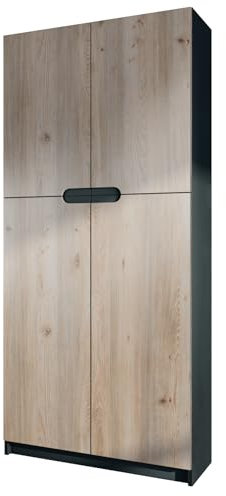 Vladon Meuble Rangement Bureau Logan V1, Armoire de Bureau Haute avec 5 Compartiments et 4 Portes, Noir Mat/chêne Nordique (82 x 185 x 37 cm)