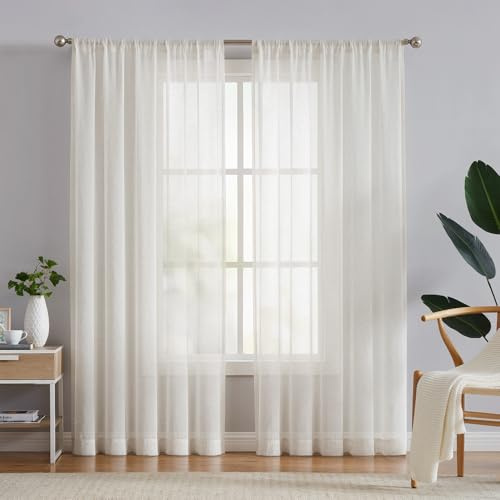 FMFUNCTEX Linen Sheer Curtains for Bedroom, Beige Curtains 84 inches Long for Living Room, Natural Flax Blend Window Draperies for Farmhouse Curtain, Rod Pocket 2 Panels