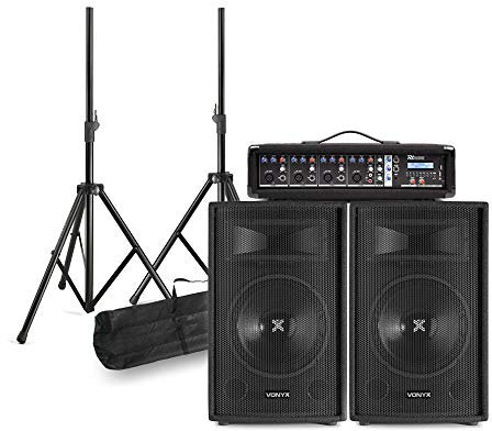 Complete 500W PA System with Mixer Amp, 2x 10” Vonyx SL10 Passive Speakers, Stands, 4-Ch Mixer, Cables – Live Sound Solution for Bands, DJs, Events, Singers