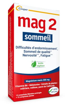 MAG 2 - Sommeil - Magnésium marin 300mg, mélatonine 1,9mg et extraits de plantes - Nervosité, fatigue, sommeil - Complément alimentaire - Programme de 15 jours - 30 comprimés