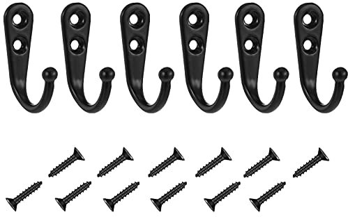Xinstroe 6 Pieces Coat Hooks, Black Single Prong Metal Hooks Wall Mounted Hooks Robe Hooks Hanger with 12 Screws for Kitchen Bathroom Bedroom Scarf Bag Towel Key Caps (6)