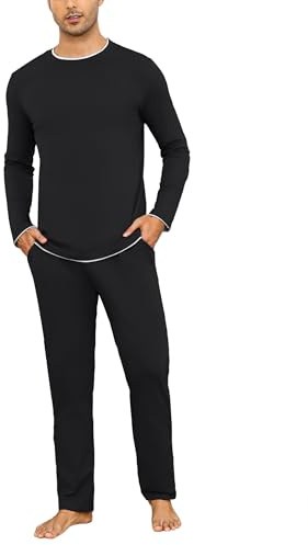 Aseniza Pijamas Hombre Invierno de Manga Larga de Algodón Pantalon Pijama Hombre Conjunto de Pijama de Hombre 2 Pieza(466-Negro,L)
