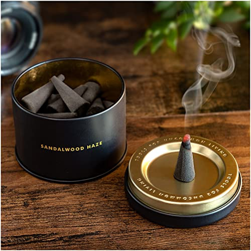 Iron & Glory Räucherkegel & Halter aus Sandelholz, luxuriöse Alternative zu Räucherstäbchen & Duftkerzen, Aromatherapie & Angstlinderung, Schlafzimmer-Zubehör, schwarz und Gold, Einheitsgröße, IAGARO