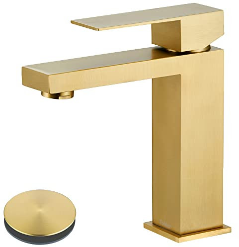 Tohlar Gold Bathroom Faucet, Brushed Gold Faucet for Bathroom Sink, Gold Single Hole Bathroom Faucet Modern Single Handle Vanity Basin Faucet with Overflow Pop Up Drain Stopper and Water Supply Lines