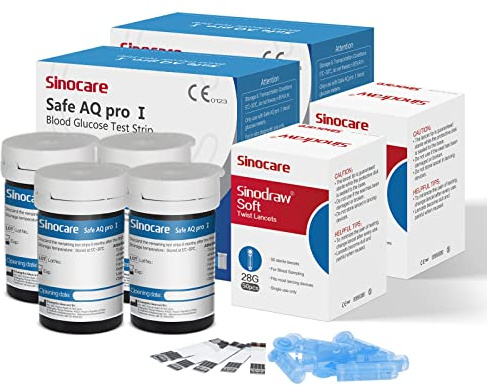 Sinocare Strisce per Glicemia con 100 Strisce e 100 Lancette, Data di Scadenza Recente, Solo Applicabile Misuratore Glicemia AQ Pro I