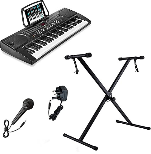 Crystals® 61 Keys Electronic Teaching Keyboard Digital Music Piano Instrument & Microphone with Keyboard Stand - Black (With Single Braced Stand)
