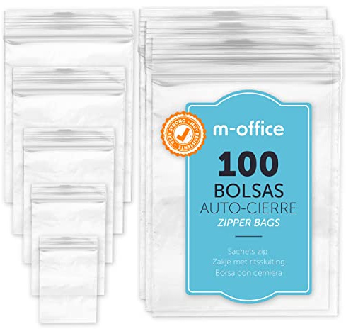 Bolsas con Cierre Hermético, Bolsas Zip de Plástico Transparentes Ideales para Congelar Alimentos, Guarda Documentos, Bolsas Reutilizables y de Conservación · m-office (40x60mm, 100unds)
