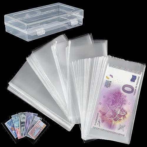 300 PCS Currency Sleeves - Clear Dollar Holder with Storage Box Banknote Protector for Paper Money Bills Stamps Collection Supplies