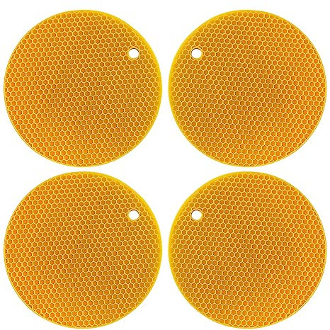 Generic Salvamanteles redondos de silicona, juego de 4, multiusos, resistente al calor hasta 240.0 °C, impermeable, antideslizante, flexible, duradero, apto para lavavajillas (amarillo)