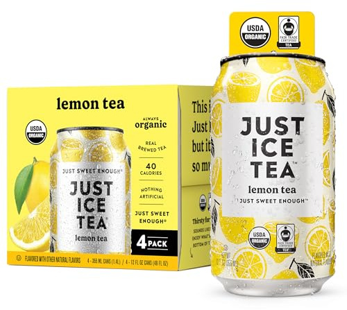 Just Ice Tea, Lemon Flavored Black Iced Tea, 4-Pack (12oz Cans), USDA Certified Organic, Real Brewed, Low Calorie, No Artificial Sweeteners, Fair Trade, Made in USA.