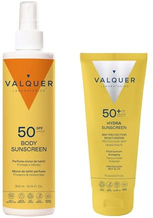 Valquer Pack Protección Solar Completa SPF 50. Crema Facial 75 ml y Spray Protector Corporal 300 ml. Mantiene la Piel Suave e Hidratada con Ácido Hialurónico, Vitaminas y Aroma Monoi de Tahití. Vegano