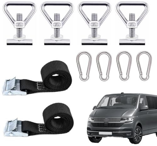 SIMTWO Pack of 10 Lashing Eyelets for Load Securing Set Compatible with VW T5 T6 T6.1, M10 Stainless Steel Lashing Eyelets for VW T5/T6 Roof Rails, Load Securing Set with 4 Carabiner Hooks 2 Tie Down