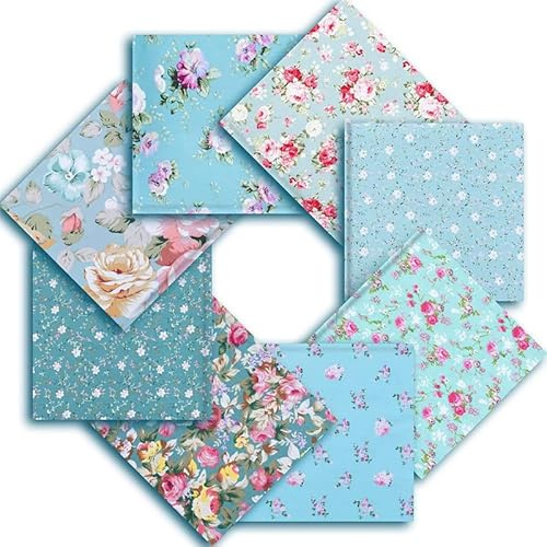 CraftsFabrics 8Pcs/lot Turquois Floral Fat Quarters 100% Cotton 25x25cm Wide Twill Printed Precut Squares for Quilting, Arts, Crafts