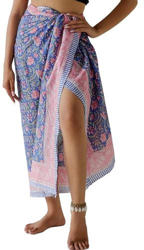 THE ART BOX Sarong 100% Coton pour Femme Indien imprimé Bloc de Bain Maillot de Bain paréo Jupe Portefeuille Plage Bikini Cover Up Long (185 x 110 cm), Bleu Roi Pastel, Taille Unique