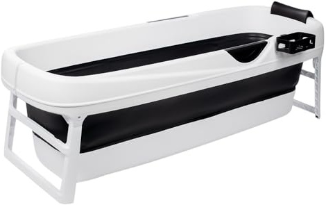 HelloBath® Hopfällbart Badkar XXL 156x60x48 cm för Vuxna | Portabelt Badkar med Nackstöd & Utdragbar Avloppsslang (3 m) | Mobilt för Dusch & Utomhusbruk | Svart
