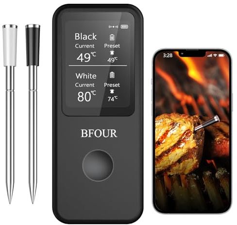 BFOUR Kötttermometer trådlös med 2 sensorer, grilltermometer Bluetooth, 3,3-tums skärm, vattentät, grill, ugnstermometer