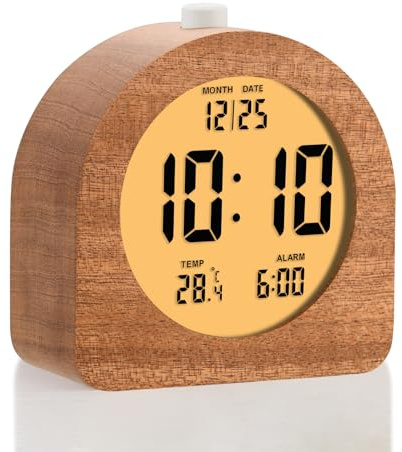 Plumeet Holz Digitalwecker, 10cm Batteriebetriebener Wecker mit Schlummer und Nachtlicht, Elektronische LCD Tischuhr mit Zeit, Datums, Temperatur, 12/24 Stunden-Anzeige, Holzdekor, Sapeli