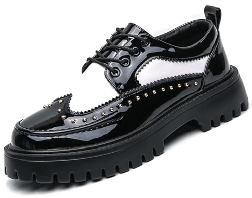 Men's Patent Leather Platform Dress Shoes Classic Round Toe Thick Lug Sole Lace Up Oxfords Comfort Block Heel Derby Business Casual Shoes (Black & White,9.5)