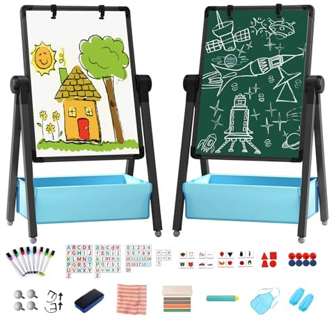 Kids Easel Double-Sided Iron Art Easel with Paper Clip Foldable Drawing Board Height Adjustable Standing Easel 360° Rotatable Whiteboard Chalkboard with Letters Numbers for Boys Girls Toddlers