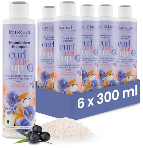 Jean & Len Shampooing Boucles de Rêve à l’eau de riz & baies d’açaï, pour cheveux bouclés & ondulés, donne souplesse & volume, parfum fruité, sans silicones ni parabènes, vegan, 6 x 300 ml