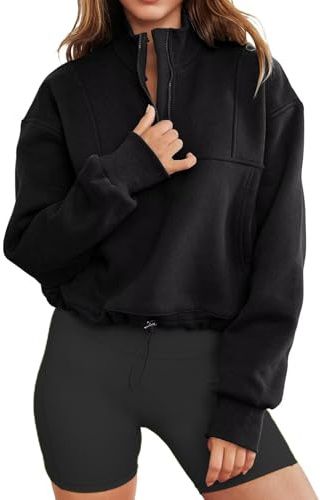 LACOZY Women's Quarter Zip Jumpers Fleece Lined Pullover Sweater Tops Plain Oversized Sweatshirts Black XL