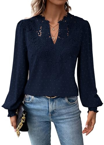 TUUHAW Maglietta Donna Boho Top Primavera Manica Lunga Casual Tunica da Donna Camicetta Volant Elegante T-Shirt Scollo a V Allentate Abbigliamento Bluse Curvy Maglie Sexy Affari Moda Blusa Blu Scuro L