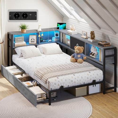DICTAC Canapé Lit 90x190 avec éclairage LED et Prise, Lits 90x190 avec sommier en Métal, lit Banquette avec 5 Compartiments Rangement, Lits 1 Place avec 2 tiroirs, Lit Enfant LED, Gris chêne