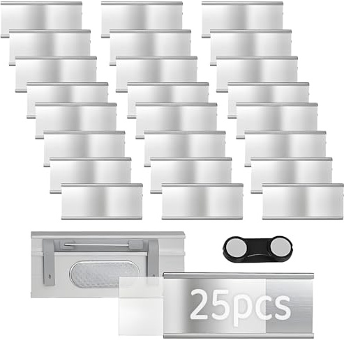 Saijer 25 stycken namnskyltar för kläder magnet, namnskyltar silver med stark dubbelmagnet och pappersspår ca 72 x 31 mm