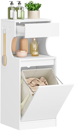 Hzuaneri Meuble Salle de Bain avec Panier à Linge, Placard de Rangement,1 Tiroir et 1 Panier à Linge, Armoire Toilette,Blanc 40 x 40 x 100 cm BC42003X