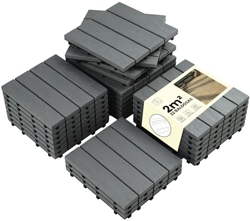 LARDECOR - Baldosas Encajables WPC 30x30 cm para Suelo, Pack 22 Piezas, 2 m², Losetas para Terraza, Balcón, Patio y Jardín, Diseño con Drenaje y Superficie Antideslizante (Gris Azulado)