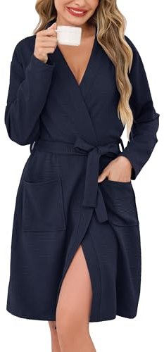 Sopesil Peignoir de Bain Femme Coton Robe de Chambre en Tissu Waffle à Manches Longues avec Col V Kimono Femme Ceinture et Poches Hôtel Spa Tailles S-XXL