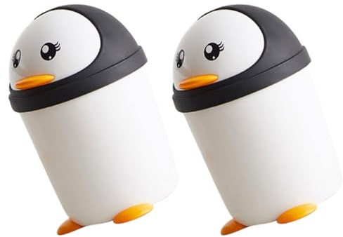 HOMSFOU Papelera de Escritorio con Tapa Abatible 2 Unidades, Mini Cubo de Basura de Plástico en Tonos Claro y Oscuro con Diseño de Pingüino, Adecuado para Oficina, Coche y Habitación