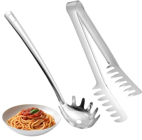 Juego de 2 cucharas para espaguetis, pinzas para pasta de 29 cm y cuchara antiadherente de 28,7 cm, apto para lavavajillas, paleta de pasta de acero inoxidable, fácil de guardar para cocinar y asar