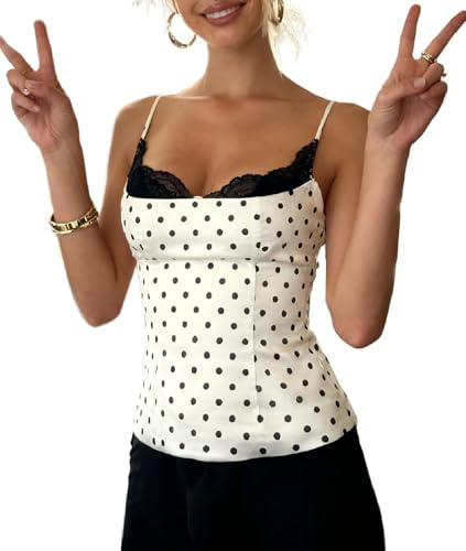QLQLWDD Women Polka Dot Cami Top Y2k Lace Trim Sexy Backless Sleeveless Slim Fitted Camisole Top Vintage Club Streewear (A White, S)