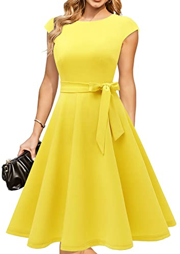 DRESSTELLS - Vestido para mujer con mangas casquillo, ideal para fiestas, bailes de graduación y cócteles - Amarillo - Small