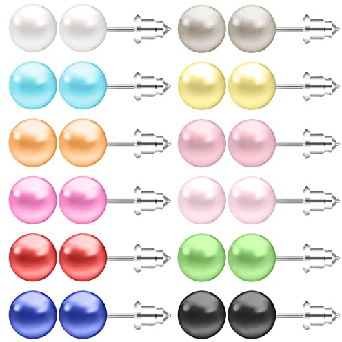 AoedeJ Colorful Pearl Stud Earrings Small Pearl Earrings Set Stainless Steel Pearl Earrings Studs For Women s (6mm)
