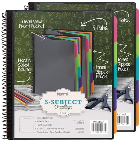 Samsill Spiral Folder Organizer (2-Pack) - 5 Dividers & 10 Pockets with Zipper Pouch, Multi Pocket Color Cordinated Folder Binder with Customizable Tabs, Document Organizer (Fashion)
