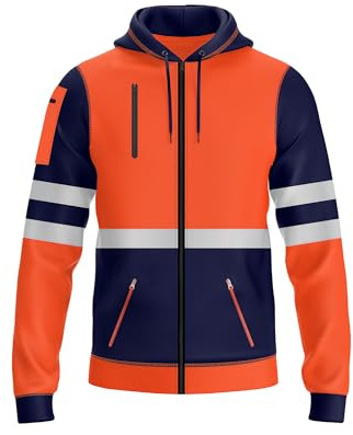 NOROZE Herren Kapuzenpullover mit Reißverschluss vorne reflektierend hohe Sichtbarkeit Sicherheitsmantel Taschen Sweatshirt Jacke (M, Stil 1: Neonorange/Marine)