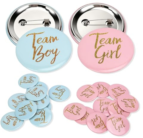 Juego de 60 insignias para revelar el sexo del bebé, conjunto de insignias para el equipo del niño o la niña, insignias redondas con motivos ingleses para la decoración de fiestas de bienvenida al beb
