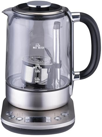 alpina Bouilloire avec Infuseur - 1,7 L - 2200 W - Bouilloire Électrique - Théière - Maintien au Chaud - Thermostat Réglable - Affichage Numérique - Acier Inoxydable - Verre