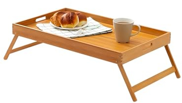 Avilia Vassoio Colazione a Letto in Bambù con Impugnature e Gambe Pieghevoli - Perfetto per Mangiare Comodamente a Letto - 50x30x21cm