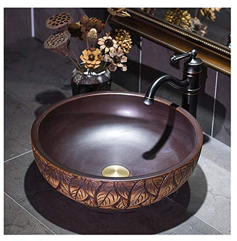 Bathroom Basin Vessels Sink Countertop Basin, Vintage Wash Basin Ceramic Sink Bowl Gloss Brown Round Countertop Vessel Sink Washbasin