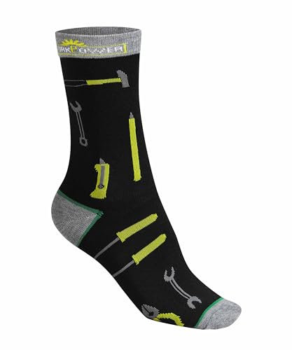 WORKPOWER Socken Unisex Herren & Damen viele lustige Designs Arbeitssocken mit Werkzeug Strümpfe Herren Sportsocken für Männer Arbeitsstrümpfe aus weichem Materialien in 43-46 Schwarz/Gelb 1P