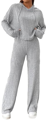 Caziffer Donne 2 Pezzi Abiti Primavera Tinta Unita A Costine Maglia Con Cappuccio E Gambe Larghe Pantaloni Set Loungewear Biancheria Da Notte Indumenti Da Notte Abbigliamento Da Casa Estetica Set