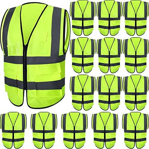 JaGely 15 Pack Reflective Safety Vests with Pockets and Zipper Construction Work High Visibility Vest for Men Women(X-Large,Fluorescent Green)