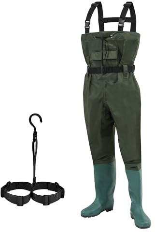 Aopunly Waders Pantalon de pêche Homme, Nylon 70 Deniers, PVC Pantalon étanche pour étang de pêche avec Bottes en Caoutchouc, Ceinture, Poches et Crochets, pour Chantiers, pêche, fermes