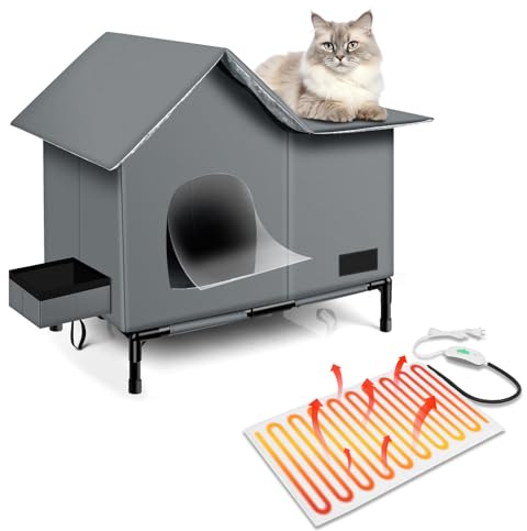 Heated Cat House,Removable Weatherproof Cat Houses for Outdoor Cats with Heating Pad (Gray, Medium)