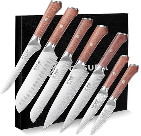 YOTSUBA Messerset Scharfes Küchenmesser Set aus hochwertigem Carbon Edelstahl Profi Kochmesser Set 7-teilig mit Scharfer Klinge, Küchenmesser mit Ergonomischem Pakka Griff, Langlebiges