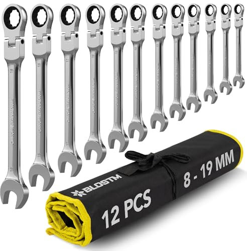 BLOSTM Flexible Ratchet Spanner Set - 12 PCS Combination Spanner Set 8-19mm 180° Flex Head 72 Tooth Gear System Cr-V Steel Ratchet Wrench Set for DIY & Repairs - Includes Roll-Up Storage Pouch